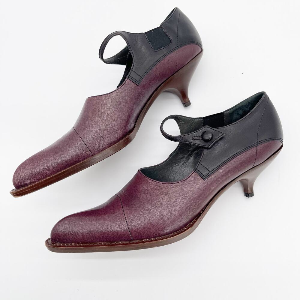Miu Miu 90s Vintage Burgundy Black Leather Mary Jane Kitten Heel Pumps IT 37.5 - Picture 4 of 11